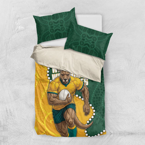 Australia Wallabies Rugby Mascot Bedding Set Indigenous Dot Art Style - Muscular Kangaroo Graphic