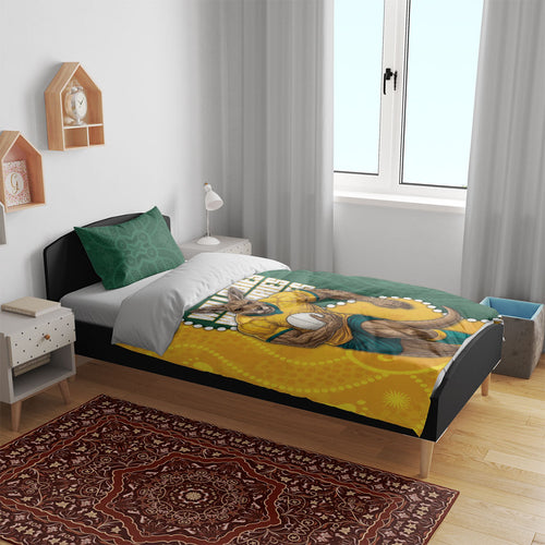Australia Wallabies Rugby Mascot Bedding Set Indigenous Dot Art Style - Muscular Kangaroo Graphic