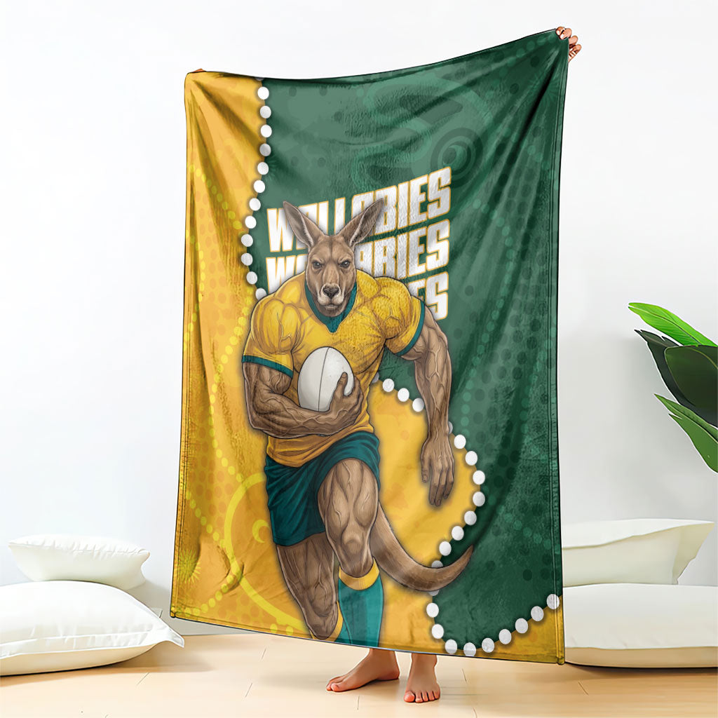 Australia Wallabies Rugby Mascot Blanket Indigenous Dot Art Style - Muscular Kangaroo Graphic