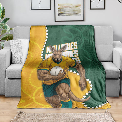 Australia Wallabies Rugby Mascot Blanket Indigenous Dot Art Style - Muscular Kangaroo Graphic