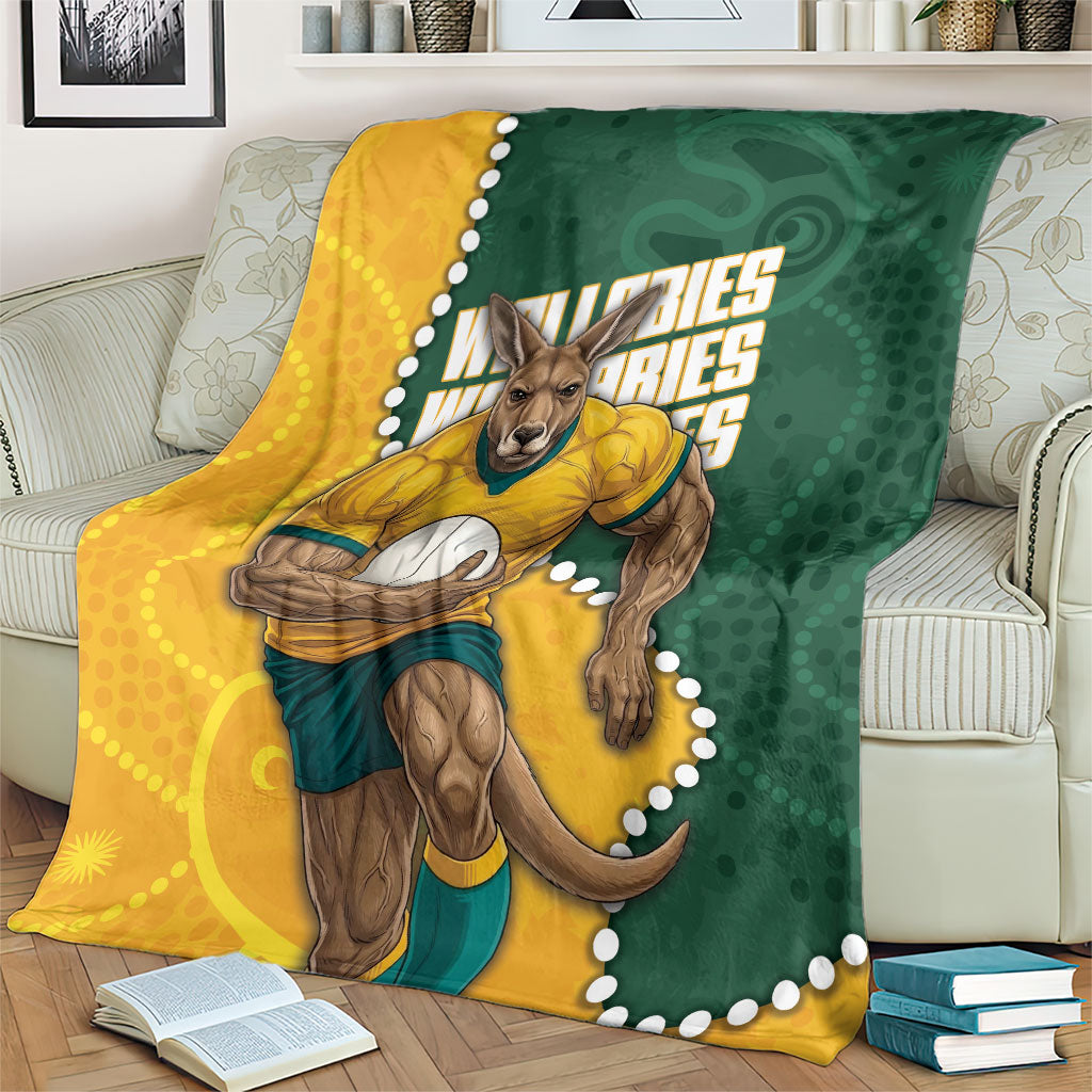 Australia Wallabies Rugby Mascot Blanket Indigenous Dot Art Style - Muscular Kangaroo Graphic
