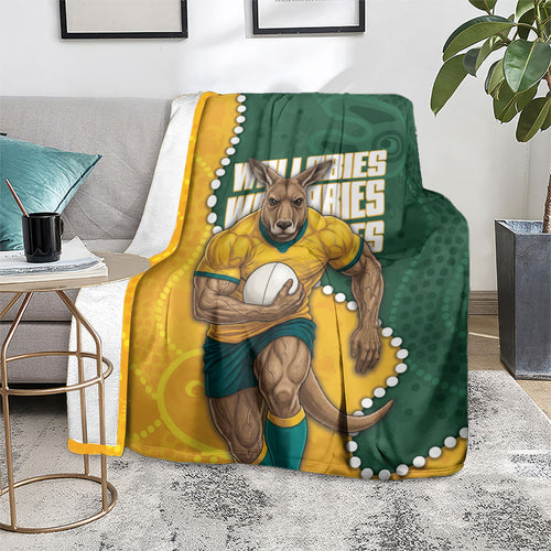Australia Wallabies Rugby Mascot Blanket Indigenous Dot Art Style - Muscular Kangaroo Graphic