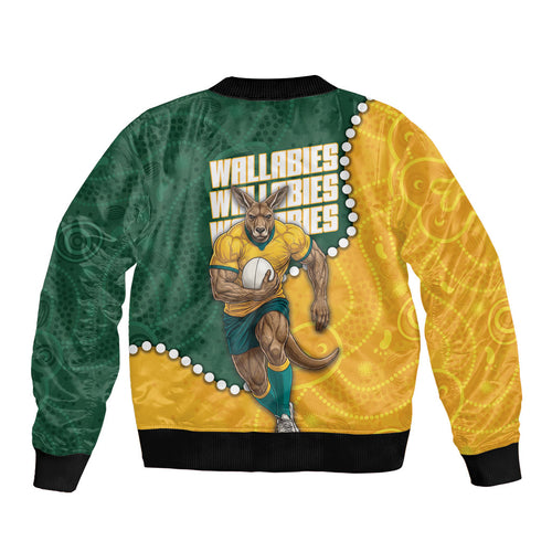 Australia Wallabies Rugby Mascot Bomber Jacket Indigenous Dot Art Style - Muscular Kangaroo Graphic