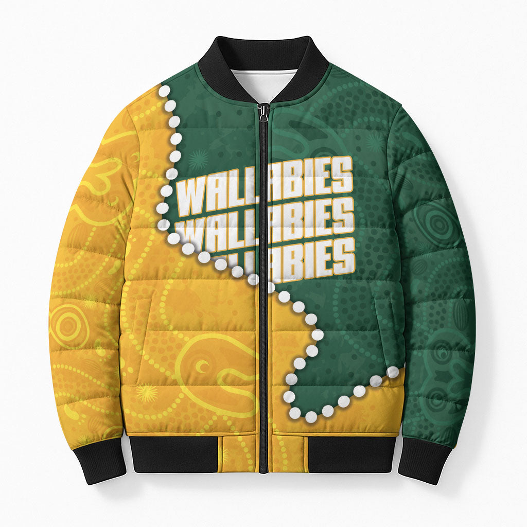 Australia Wallabies Rugby Mascot Bomber Puffer Jacket Indigenous Dot Art Style - Muscular Kangaroo Graphic