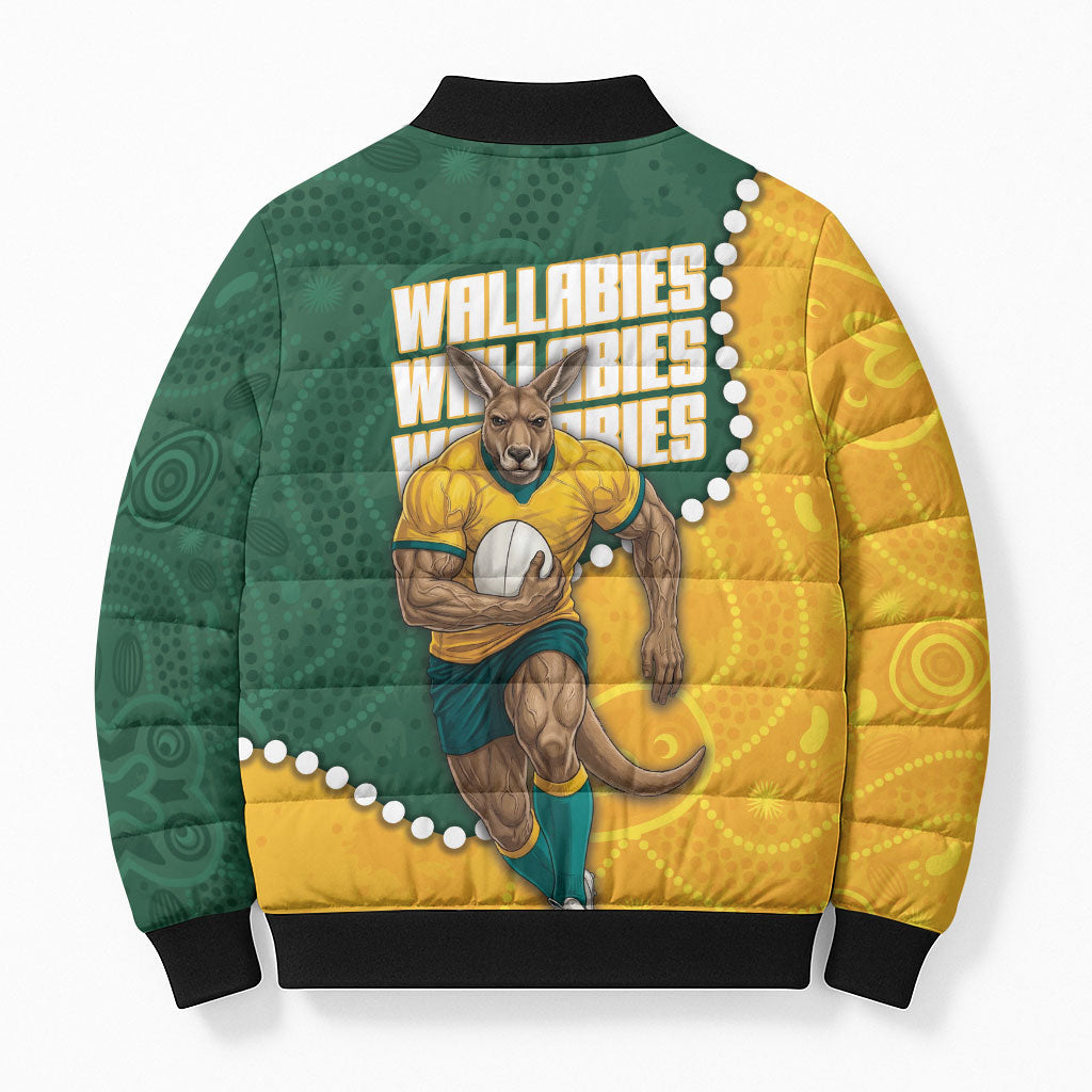 Australia Wallabies Rugby Mascot Bomber Puffer Jacket Indigenous Dot Art Style - Muscular Kangaroo Graphic
