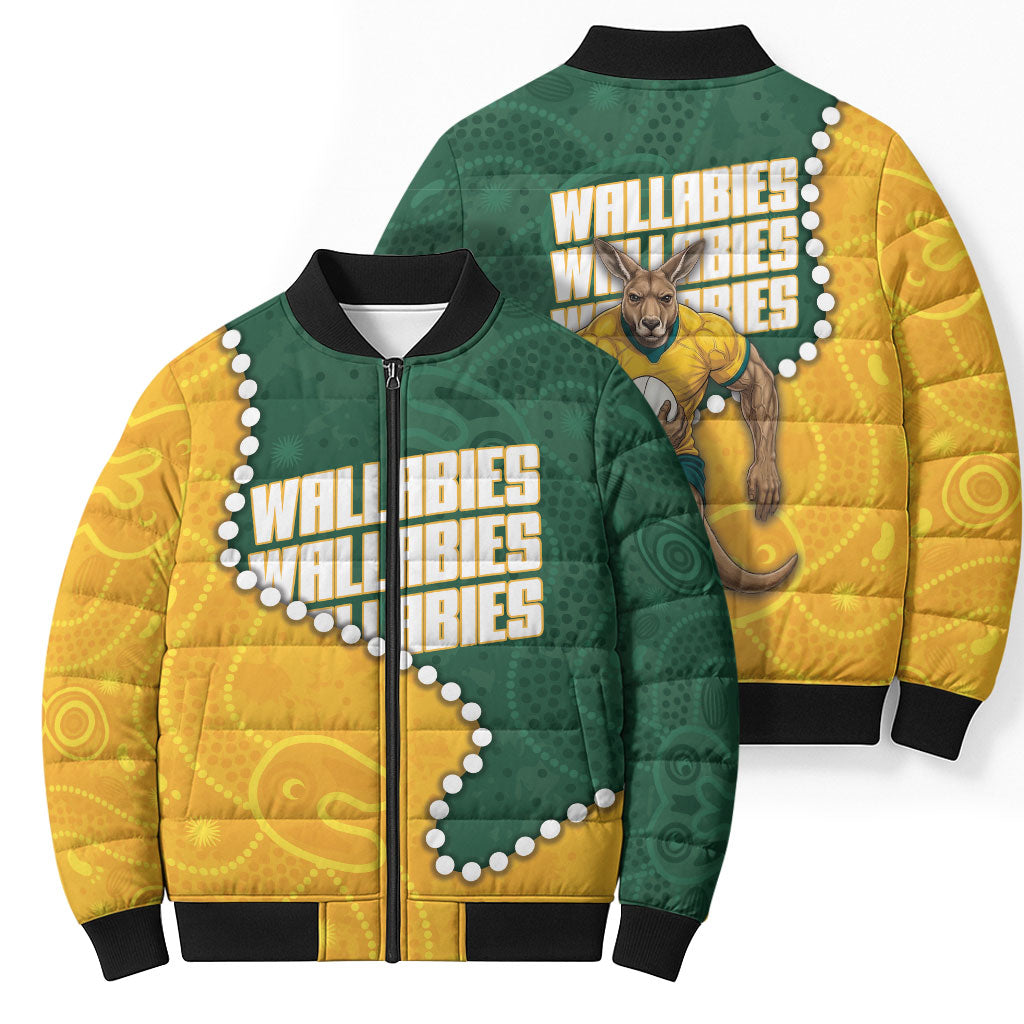 Australia Wallabies Rugby Mascot Bomber Puffer Jacket Indigenous Dot Art Style - Muscular Kangaroo Graphic