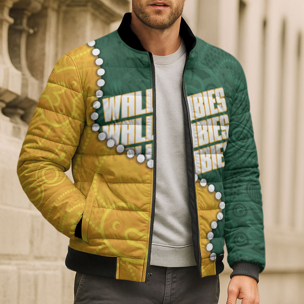 Australia Wallabies Rugby Mascot Bomber Puffer Jacket Indigenous Dot Art Style - Muscular Kangaroo Graphic
