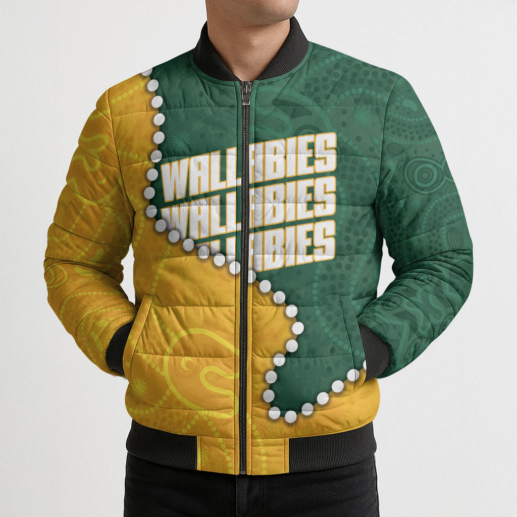 Australia Wallabies Rugby Mascot Bomber Puffer Jacket Indigenous Dot Art Style - Muscular Kangaroo Graphic