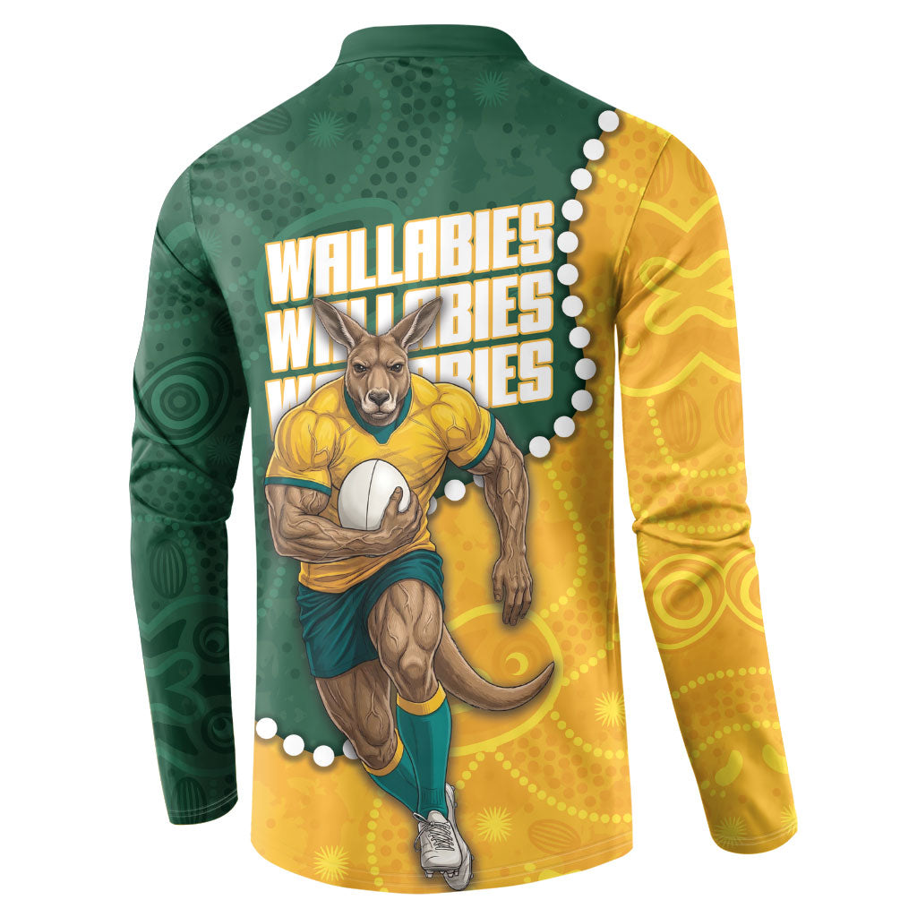 Australia Wallabies Rugby Mascot Button Sweatshirt Indigenous Dot Art Style - Muscular Kangaroo Graphic