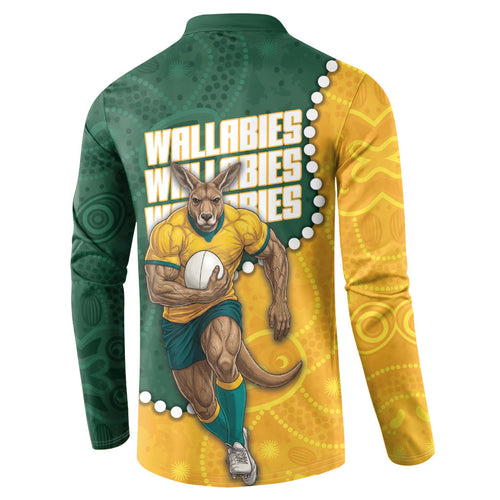 Australia Wallabies Rugby Mascot Button Sweatshirt Indigenous Dot Art Style - Muscular Kangaroo Graphic