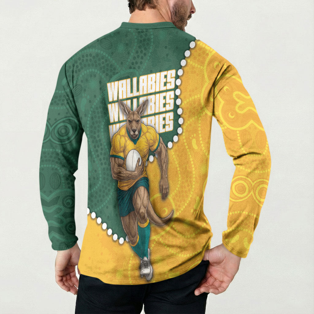 Australia Wallabies Rugby Mascot Button Sweatshirt Indigenous Dot Art Style - Muscular Kangaroo Graphic