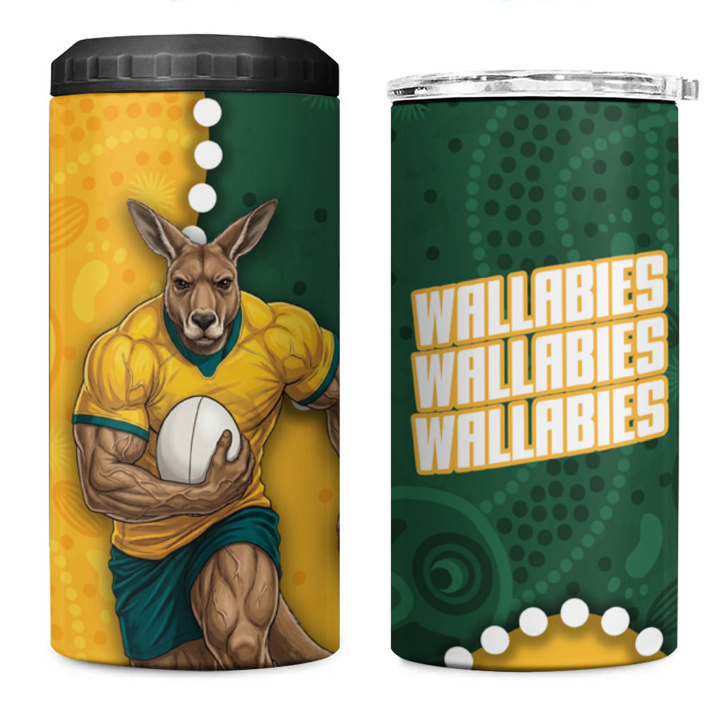Australia Wallabies Rugby Mascot 4 in 1 Can Cooler Tumbler Indigenous Dot Art Style - Muscular Kangaroo Graphic