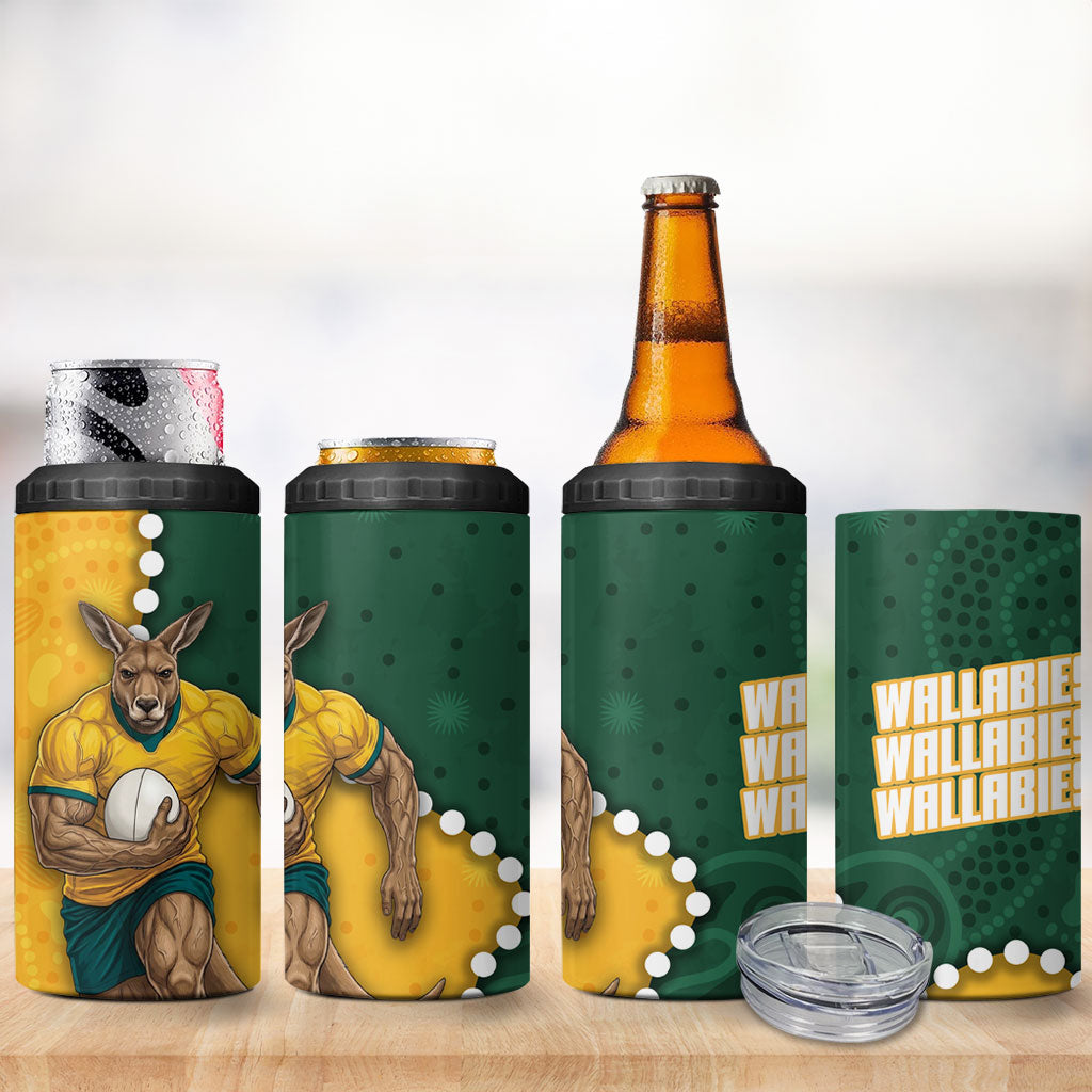 Australia Wallabies Rugby Mascot 4 in 1 Can Cooler Tumbler Indigenous Dot Art Style - Muscular Kangaroo Graphic