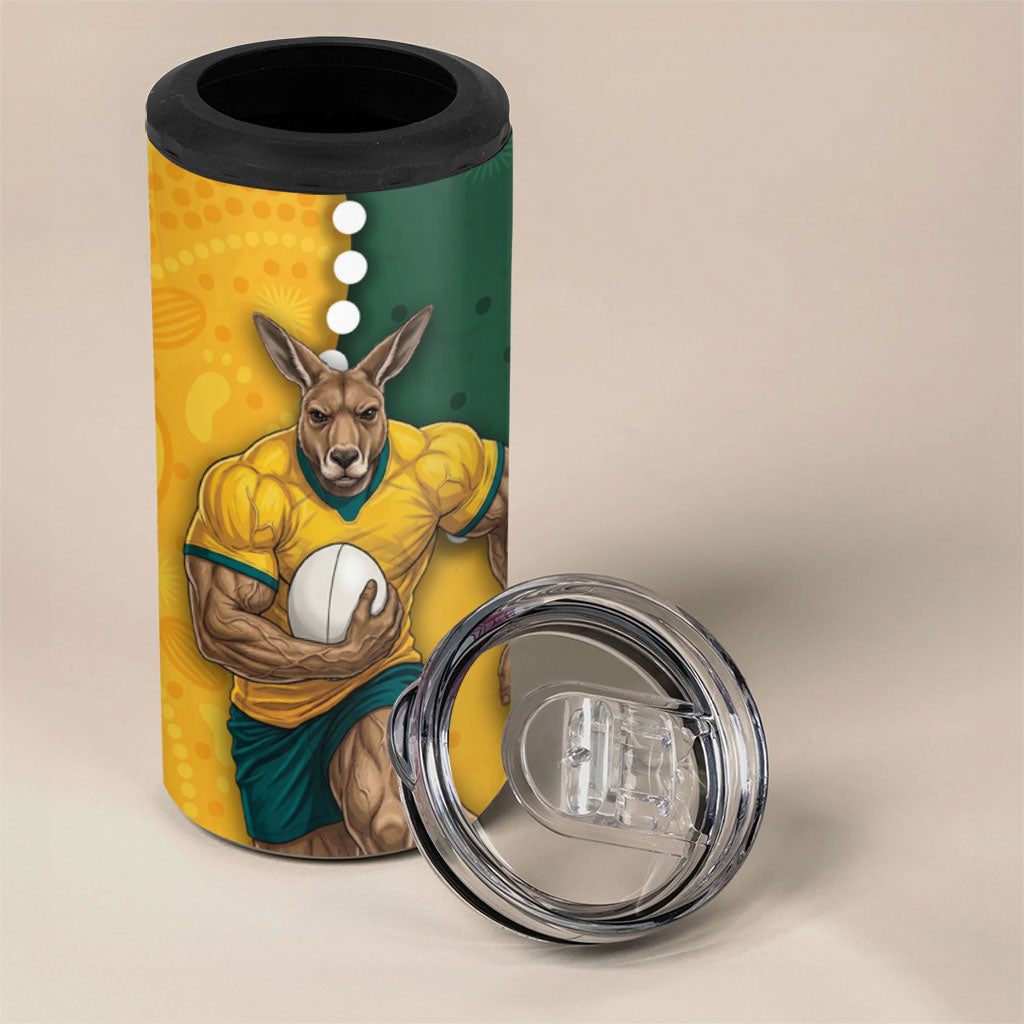 Australia Wallabies Rugby Mascot 4 in 1 Can Cooler Tumbler Indigenous Dot Art Style - Muscular Kangaroo Graphic