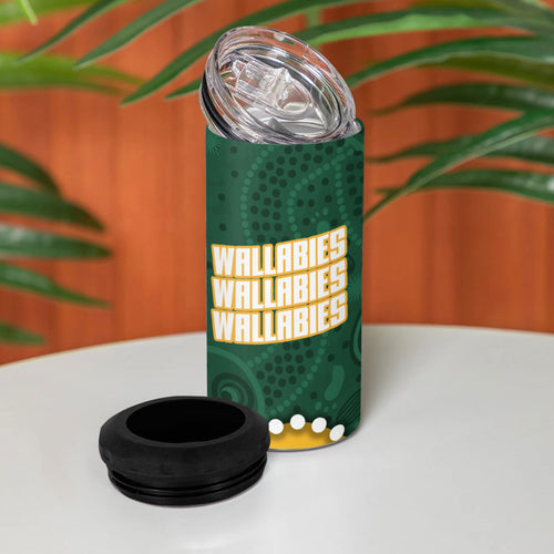 Australia Wallabies Rugby Mascot 4 in 1 Can Cooler Tumbler Indigenous Dot Art Style - Muscular Kangaroo Graphic