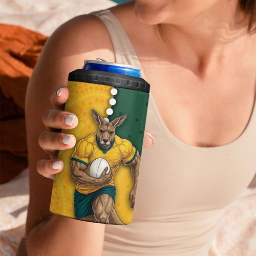 Australia Wallabies Rugby Mascot 4 in 1 Can Cooler Tumbler Indigenous Dot Art Style - Muscular Kangaroo Graphic