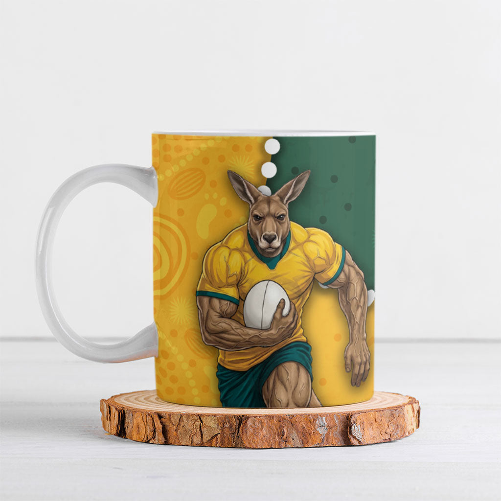 Australia Wallabies Rugby Mascot Ceramic Mug Indigenous Dot Art Style - Muscular Kangaroo Graphic