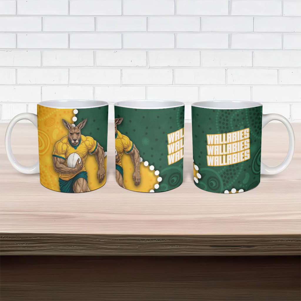 Australia Wallabies Rugby Mascot Ceramic Mug Indigenous Dot Art Style - Muscular Kangaroo Graphic