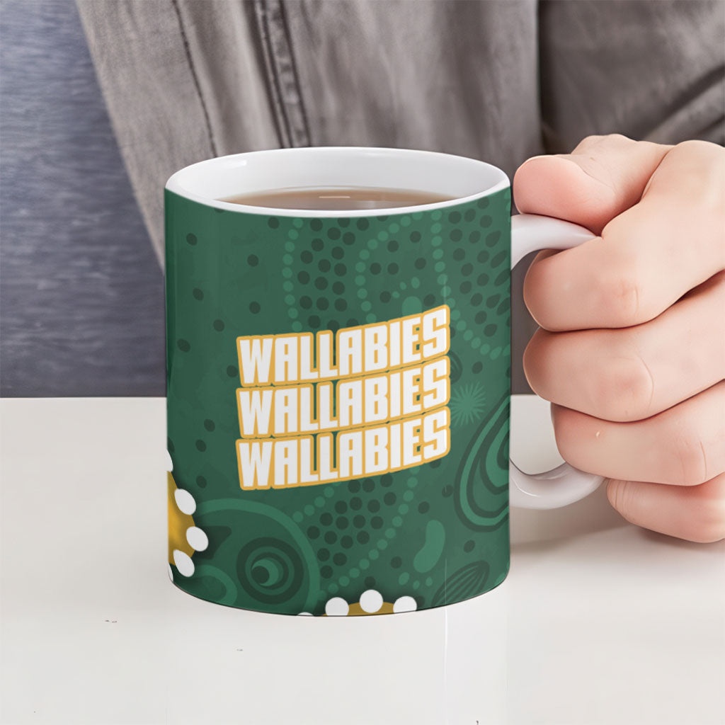 Australia Wallabies Rugby Mascot Ceramic Mug Indigenous Dot Art Style - Muscular Kangaroo Graphic
