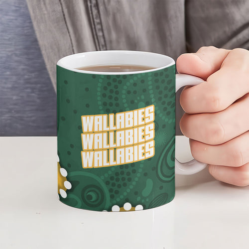 Australia Wallabies Rugby Mascot Ceramic Mug Indigenous Dot Art Style - Muscular Kangaroo Graphic