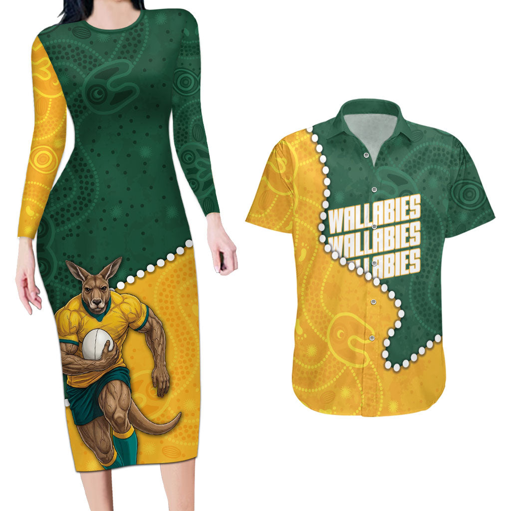 Australia Wallabies Rugby Mascot Couples Matching Long Sleeve Bodycon Dress and Hawaiian Shirt Indigenous Dot Art Style - Muscular Kangaroo Graphic