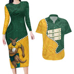 Australia Wallabies Rugby Mascot Couples Matching Long Sleeve Bodycon Dress and Hawaiian Shirt Indigenous Dot Art Style - Muscular Kangaroo Graphic