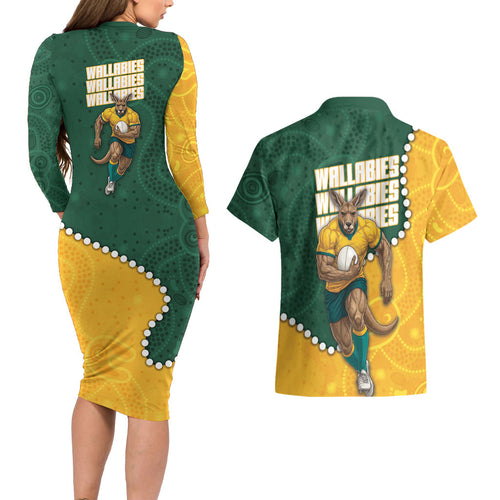 Australia Wallabies Rugby Mascot Couples Matching Long Sleeve Bodycon Dress and Hawaiian Shirt Indigenous Dot Art Style - Muscular Kangaroo Graphic