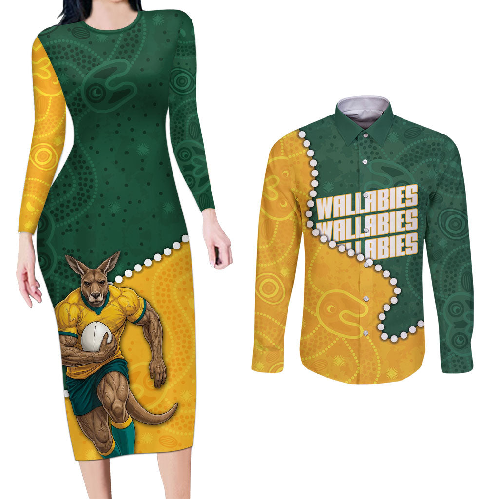 Australia Wallabies Rugby Mascot Couples Matching Long Sleeve Bodycon Dress and Long Sleeve Button Shirt Indigenous Dot Art Style - Muscular Kangaroo Graphic