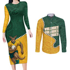 Australia Wallabies Rugby Mascot Couples Matching Long Sleeve Bodycon Dress and Long Sleeve Button Shirt Indigenous Dot Art Style - Muscular Kangaroo Graphic