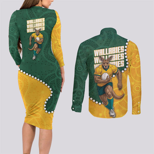 Australia Wallabies Rugby Mascot Couples Matching Long Sleeve Bodycon Dress and Long Sleeve Button Shirt Indigenous Dot Art Style - Muscular Kangaroo Graphic