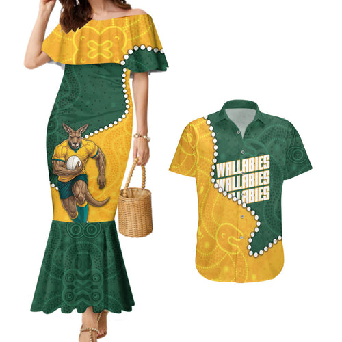Australia Wallabies Rugby Mascot Couples Matching Mermaid Dress and Hawaiian Shirt Indigenous Dot Art Style - Muscular Kangaroo Graphic