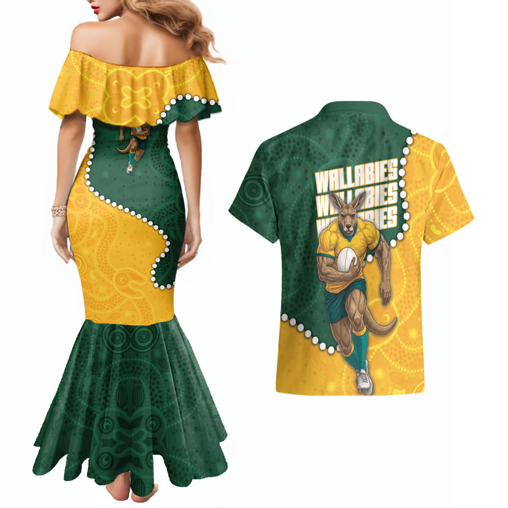 Australia Wallabies Rugby Mascot Couples Matching Mermaid Dress and Hawaiian Shirt Indigenous Dot Art Style - Muscular Kangaroo Graphic