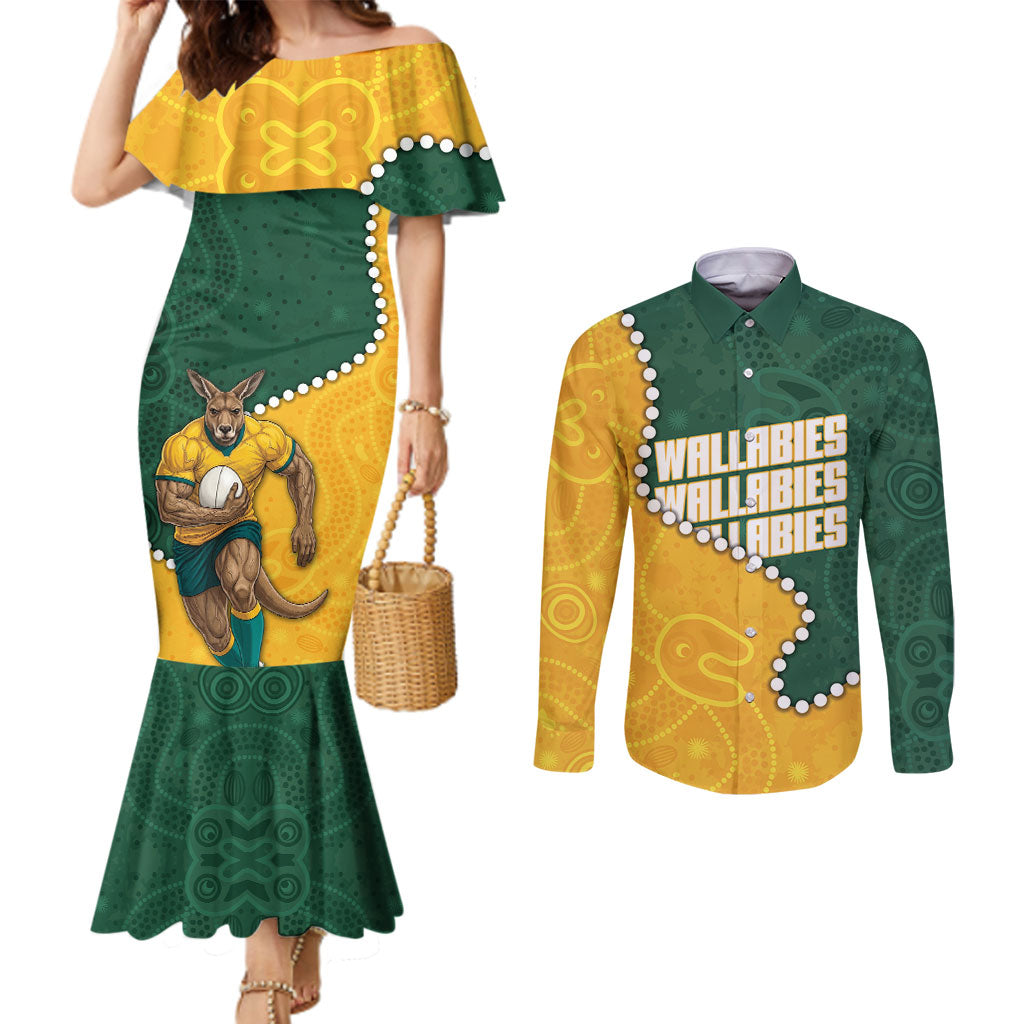 Australia Wallabies Rugby Mascot Couples Matching Mermaid Dress and Long Sleeve Button Shirt Indigenous Dot Art Style - Muscular Kangaroo Graphic