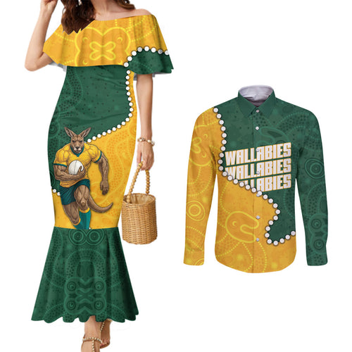 Australia Wallabies Rugby Mascot Couples Matching Mermaid Dress and Long Sleeve Button Shirt Indigenous Dot Art Style - Muscular Kangaroo Graphic