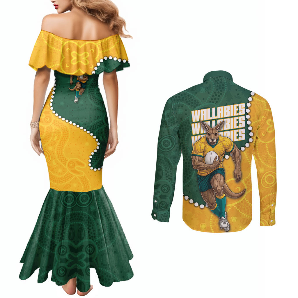 Australia Wallabies Rugby Mascot Couples Matching Mermaid Dress and Long Sleeve Button Shirt Indigenous Dot Art Style - Muscular Kangaroo Graphic