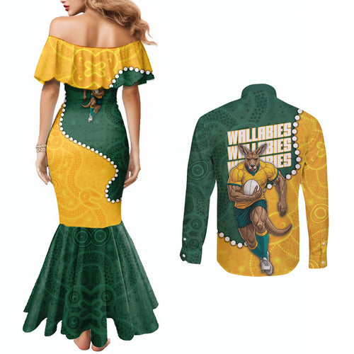 Australia Wallabies Rugby Mascot Couples Matching Mermaid Dress and Long Sleeve Button Shirt Indigenous Dot Art Style - Muscular Kangaroo Graphic