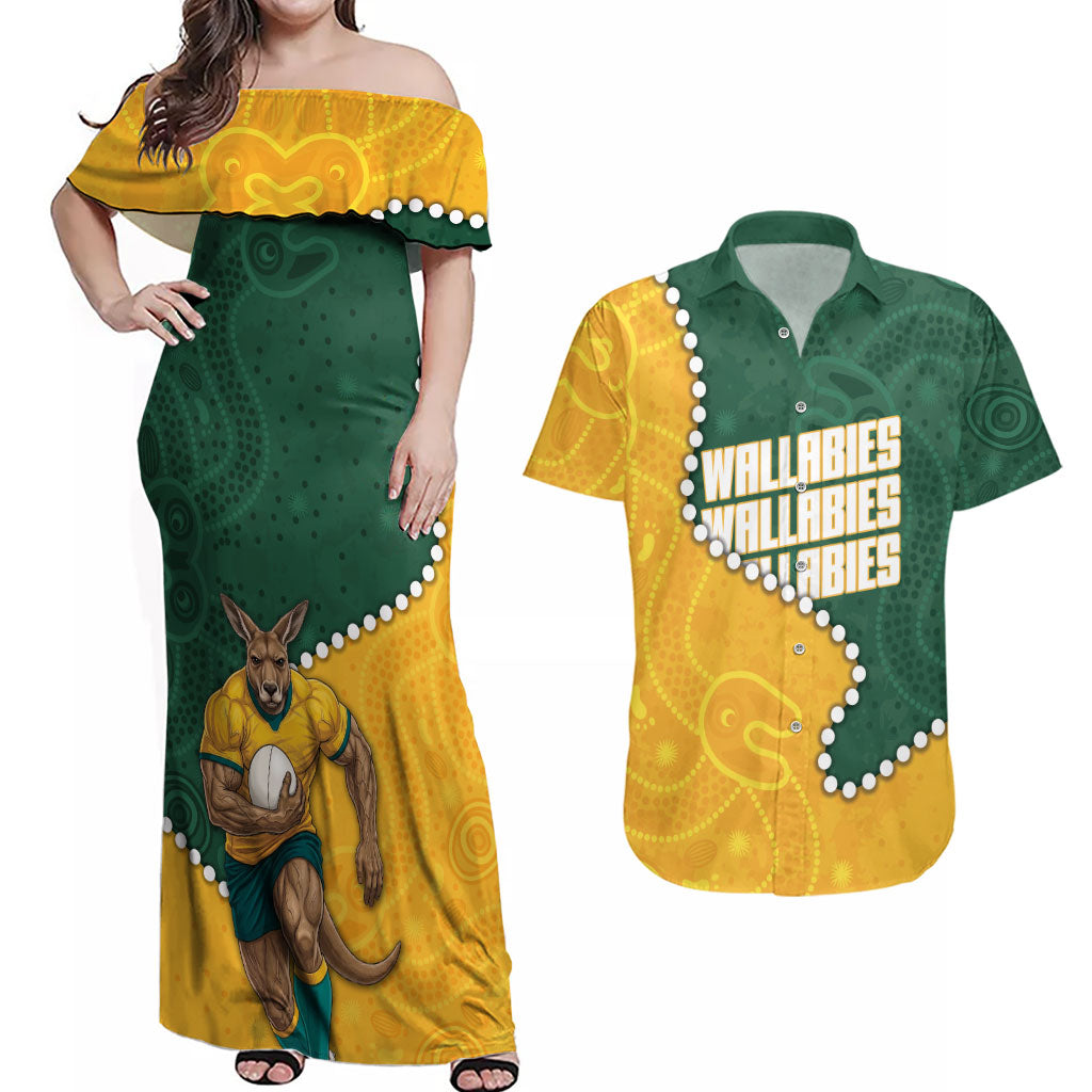 Australia Wallabies Rugby Mascot Couples Matching Off Shoulder Maxi Dress and Hawaiian Shirt Indigenous Dot Art Style - Muscular Kangaroo Graphic