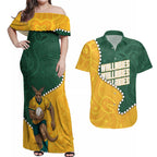 Australia Wallabies Rugby Mascot Couples Matching Off Shoulder Maxi Dress and Hawaiian Shirt Indigenous Dot Art Style - Muscular Kangaroo Graphic