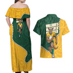 Australia Wallabies Rugby Mascot Couples Matching Off Shoulder Maxi Dress and Hawaiian Shirt Indigenous Dot Art Style - Muscular Kangaroo Graphic