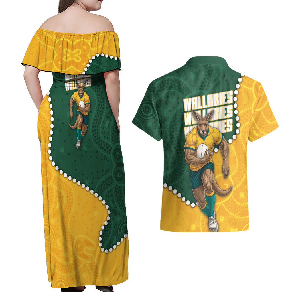 Australia Wallabies Rugby Mascot Couples Matching Off Shoulder Maxi Dress and Hawaiian Shirt Indigenous Dot Art Style - Muscular Kangaroo Graphic
