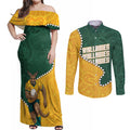 Australia Wallabies Rugby Mascot Couples Matching Off Shoulder Maxi Dress and Long Sleeve Button Shirt Indigenous Dot Art Style - Muscular Kangaroo Graphic