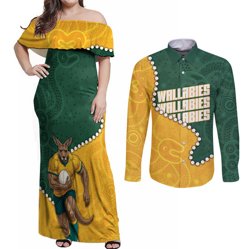 Australia Wallabies Rugby Mascot Couples Matching Off Shoulder Maxi Dress and Long Sleeve Button Shirt Indigenous Dot Art Style - Muscular Kangaroo Graphic