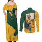 Australia Wallabies Rugby Mascot Couples Matching Off Shoulder Maxi Dress and Long Sleeve Button Shirt Indigenous Dot Art Style - Muscular Kangaroo Graphic