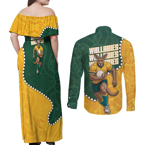 Australia Wallabies Rugby Mascot Couples Matching Off Shoulder Maxi Dress and Long Sleeve Button Shirt Indigenous Dot Art Style - Muscular Kangaroo Graphic
