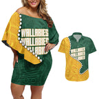 Australia Wallabies Rugby Mascot Couples Matching Off Shoulder Short Dress and Hawaiian Shirt Indigenous Dot Art Style - Muscular Kangaroo Graphic