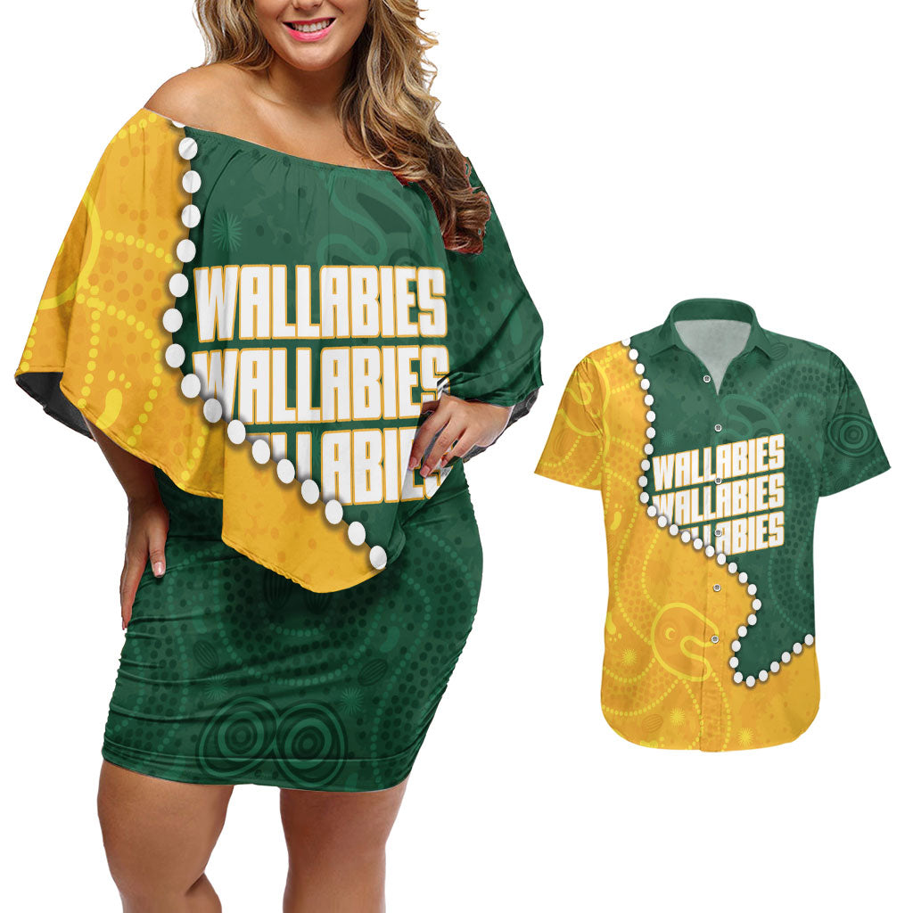 Australia Wallabies Rugby Mascot Couples Matching Off Shoulder Short Dress and Hawaiian Shirt Indigenous Dot Art Style - Muscular Kangaroo Graphic