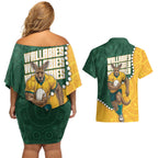 Australia Wallabies Rugby Mascot Couples Matching Off Shoulder Short Dress and Hawaiian Shirt Indigenous Dot Art Style - Muscular Kangaroo Graphic