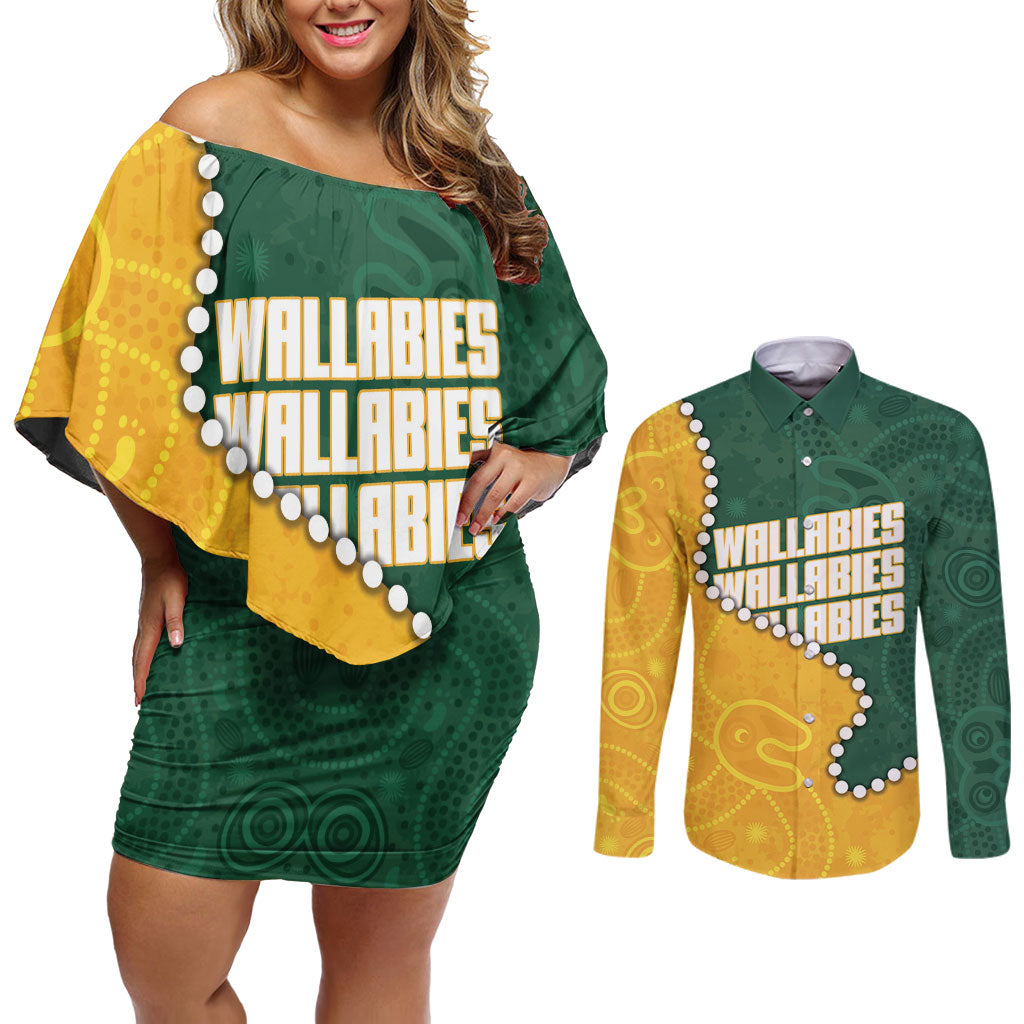 Australia Wallabies Rugby Mascot Couples Matching Off Shoulder Short Dress and Long Sleeve Button Shirt Indigenous Dot Art Style - Muscular Kangaroo Graphic