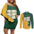 Australia Wallabies Rugby Mascot Couples Matching Off Shoulder Short Dress and Long Sleeve Button Shirt Indigenous Dot Art Style - Muscular Kangaroo Graphic