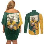 Australia Wallabies Rugby Mascot Couples Matching Off Shoulder Short Dress and Long Sleeve Button Shirt Indigenous Dot Art Style - Muscular Kangaroo Graphic